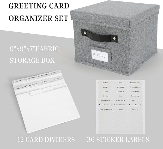 TARSUKA Greeting Card Organizer with dividers - Storage Box with lid Holds 150+ Cards - Assortment Box for Greeting Cards,Recipes, Photos, Envelopes, Keepsake - 9 x 9 x 7 Inches (Gray, 1 pcs)