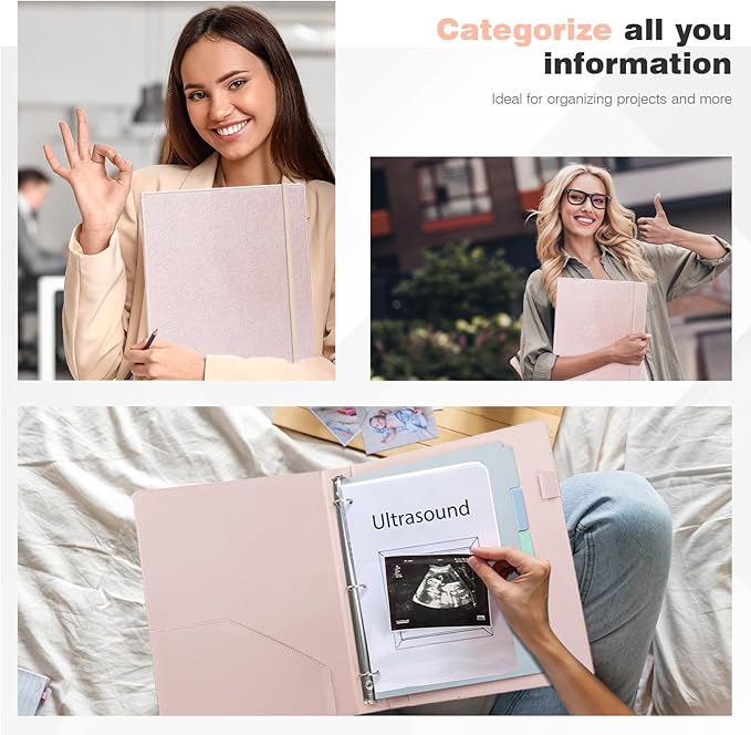 Ospelelf Vintage Hardcover 3 Ring 1 inch Leather Binder, Professional Binders Organizer Suitable for Letter Size Documents, Binder Dividers with Tabs, Faux Rose Gold Leather