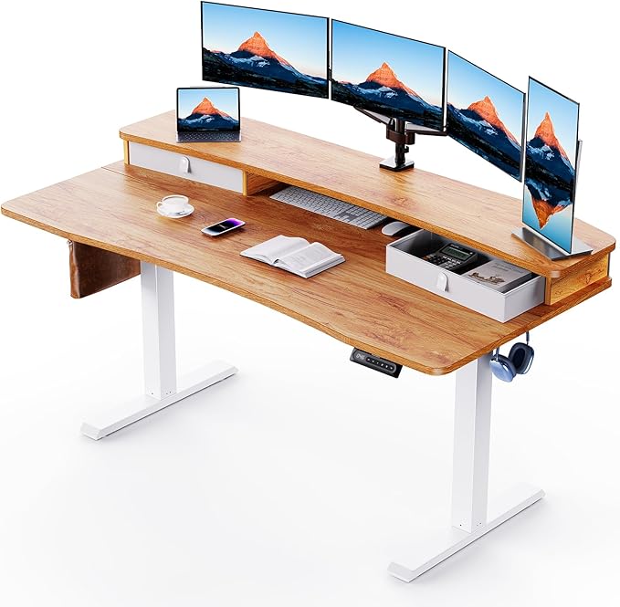 HUANUO 60″ x 30″ Electric Standing Desk with 2 Drawers, C-Clamp Mount Compatible, Height Adjustable Computer Desk, Home Office Stand Up Desk with 4 Preset Heights & 2 Hooks, Light Vintage