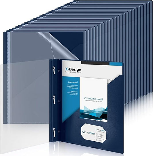 Teling 48 Pcs Clear Front Report Covers with 3 Prongs, Plastic Navy Blue Presentation Folders Bulk with 3 Pockets for A4 and Letter Size Paper, 90 Sheet Capacity, Document Covers for School Business