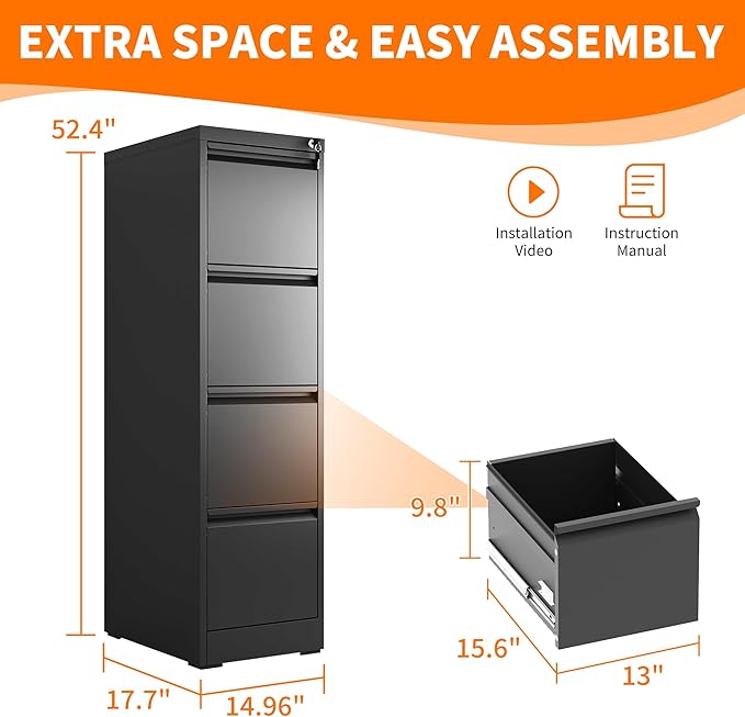 OPTYMIRA 4 Drawer Metal File Cabinet with Lock Heavy Duty Lockable Filing Cabinets Home Office Steel File Cabinet Black Vertical File Cabinets for Legal/Letter Size File,Assembly Required