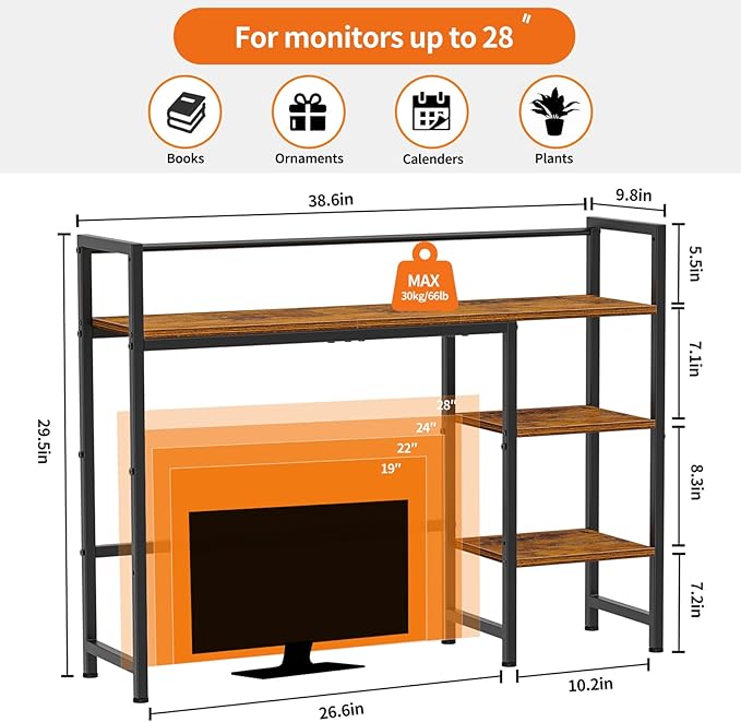 Snughome Desk Shelf, 38.6" Desktop Organizer Shelf, Desk Hutch for Computer Monitor, 4 Tier Desk Display Rack, Wood Desktop Bookshelf Storage Rack for Home Office Dorm, Rustic Brown | Desk Hutch, Computer Monitor, Desktop Display Rack, Home Office Dorm