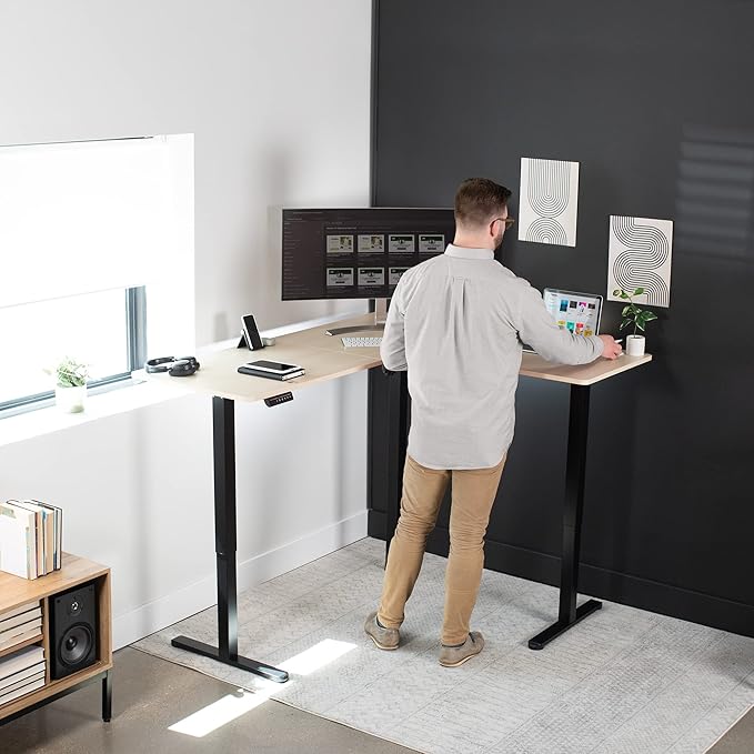 VIVO Electric Corner 63 x 55 inch L-Shaped Standing Desk, Memory Height Adjustment, Light Wood Top Black Frame, DESK-E3CTBC