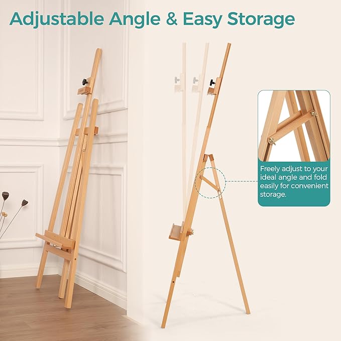 VISWIN Wooden Art Easel for Painting, Adjustable & Foldable Beech Wood Display Easel Stand for Canvas, Hold Canvas up to 43", 57''-76" H Floor Art Easel for Adults, Artists, Beginners - Natural
