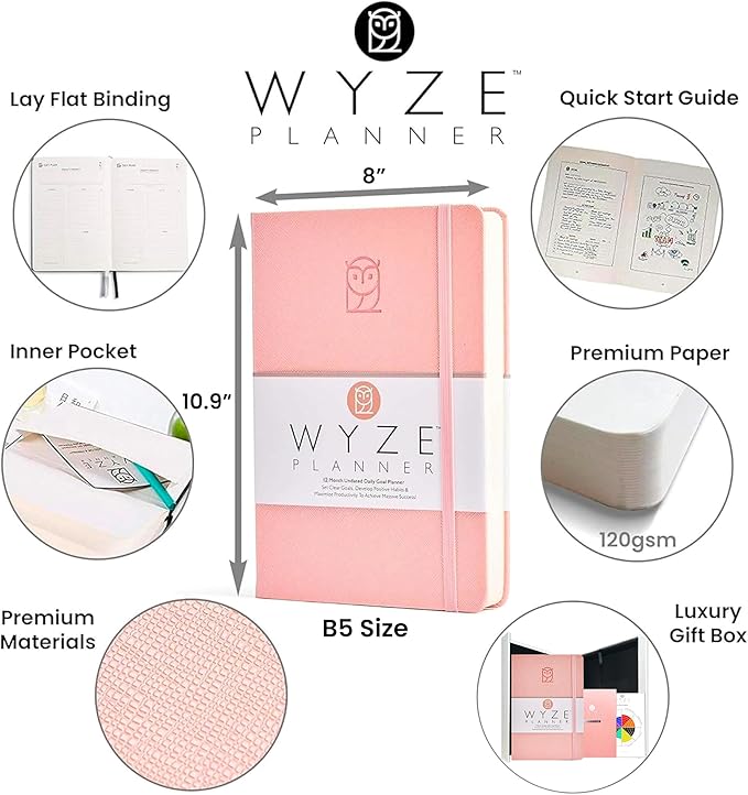 Wyze Planner Undated Daily Planner – 1-Year B5 Productivity Organizer with Two-Page Weekly Spread, Goal Setting, Habit Tracker, Weekly & Monthly Pages – Hardcover Time Management Notebook (Pink)