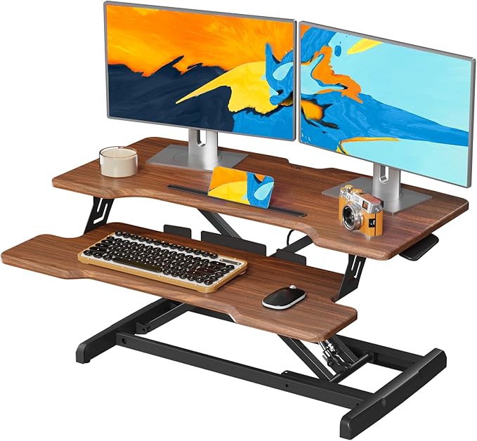 JYLH JOYSEEKER Standing Desk Converter 32 inch, Height Adjustable Sit Stand Desk Riser, Quick Sit to Stand Tabletop Dual Monitor Riser Workstation for Home Office with Keyboard Tray, Dark Wood