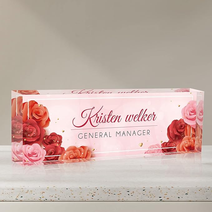 AZUFEMOS Personalized Acrylic Desk Name Plate Custom Employee Appreciation Gifts Office Gifts for Women, Men, Boss, Coworkers, Teacher, Nurse (Red Rose)