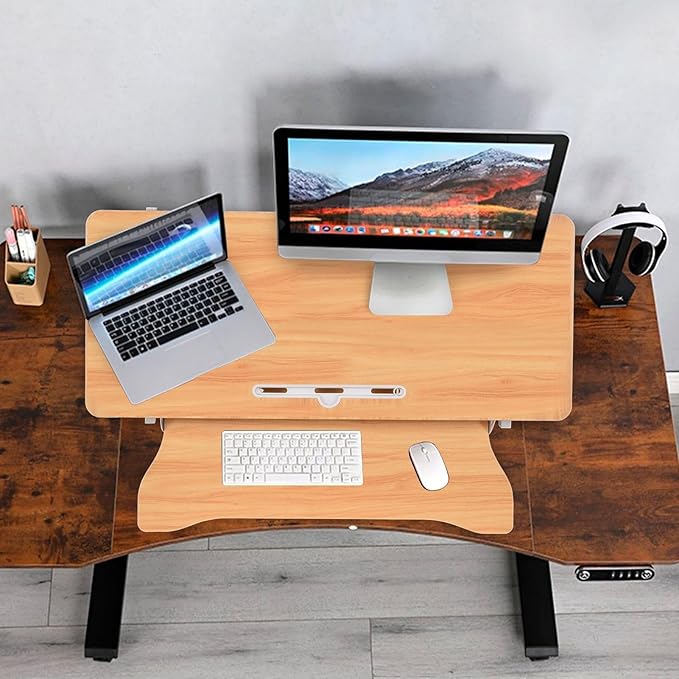 37 Inch Standing Desk Converter - Manual Pneumatic Spring, Two Monitor Stable Standing Desk Converter,5.9"To 18.8" Height Adjustable Laptop Workstation With Keyboard Tray For Home, Company(Log Color)