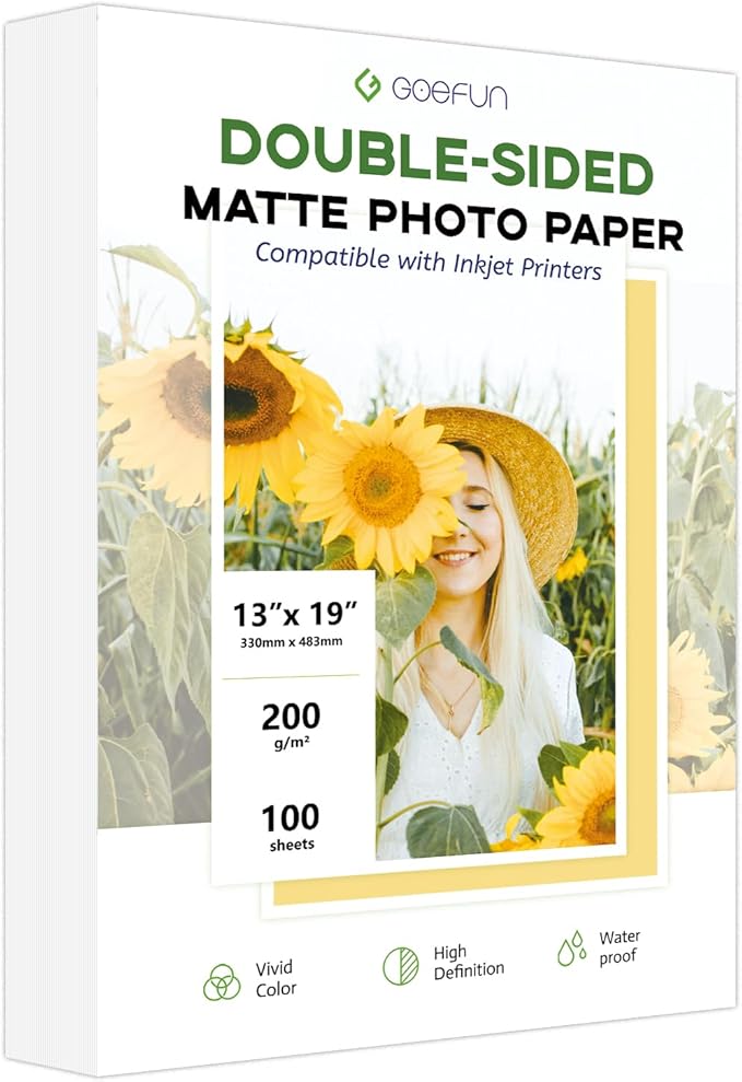 13 x 19 Double Sided Photo Paper Matte, Goefun 200GSM/54LB Inkjet Printer Paper for Posters and Art Prints, 100 Sheets