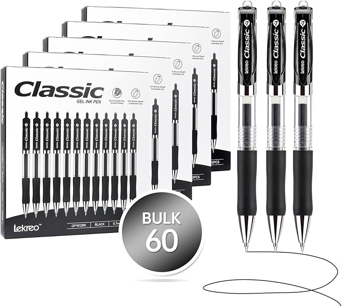 Lekreo Classic Retractable Gel Roller Pens, 0.7mm Fine Point (Black Ink - 60 Packs)