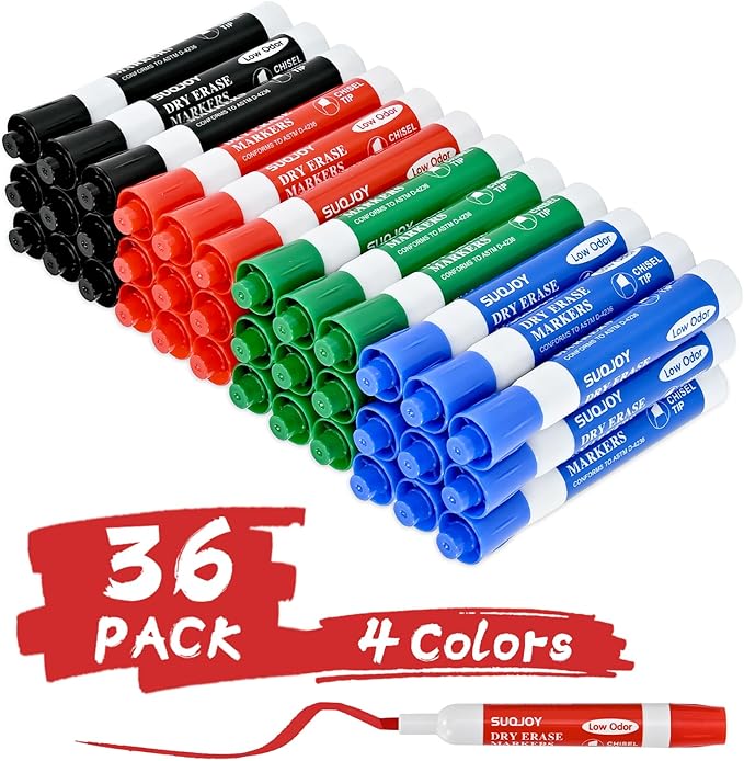SUQJOY Dry Erase Markers, Chisel Tip Whiteboard Marker, Low Odor Thick Dry Markers, 36 Bulk 4 Assorted Color Markers for office