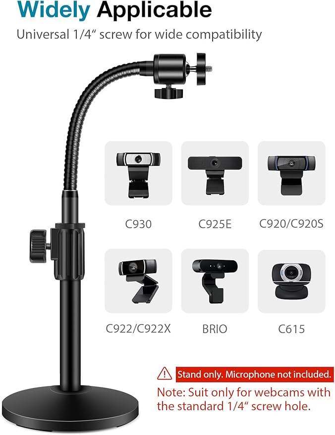 InnoGear Webcam Stand for Desk, Camera Stand Mount Gooseneck Arm for Logitech Webcam C922 C930e C920S C920 C615 C960 C920x BRIO 4K NexiGo N60, Phone Mount, Right Light, GoPro with 1/4" Thread