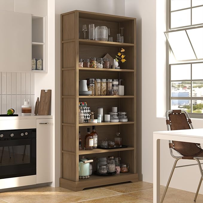 TVU 6-Tier Wooden Bookshelf, 77.2" Tall Farmhouse Style Open Bookcase, 31.5" W Standing Book Shelf with Storage, Suitable for Study, Living Room, Office, Teak