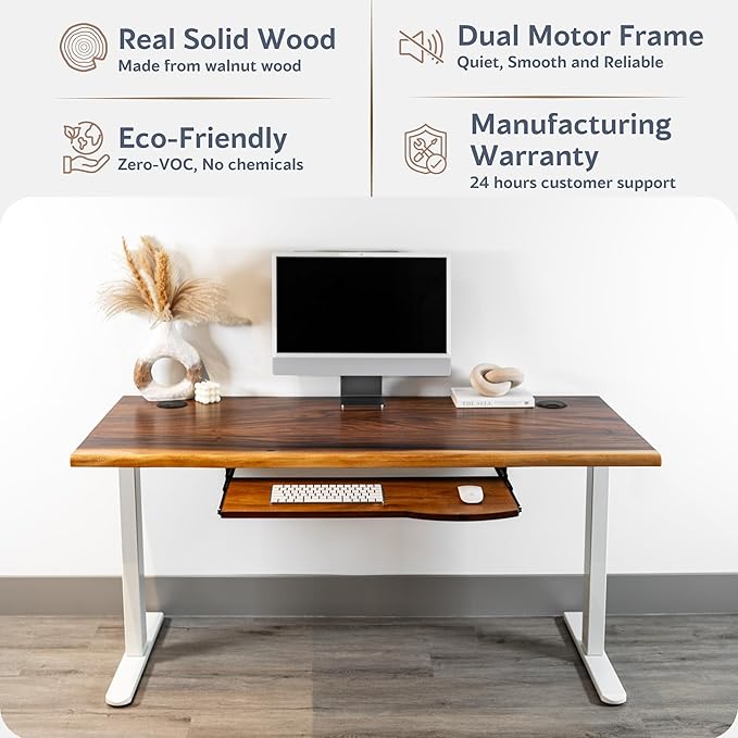 Standing Desk with Keyboard Tray – Walnut Solid Wood Desk, Natural Live Edge, Adjustable Height Dual Motor, Sit Stand for Home Office (White, W60 x D27)