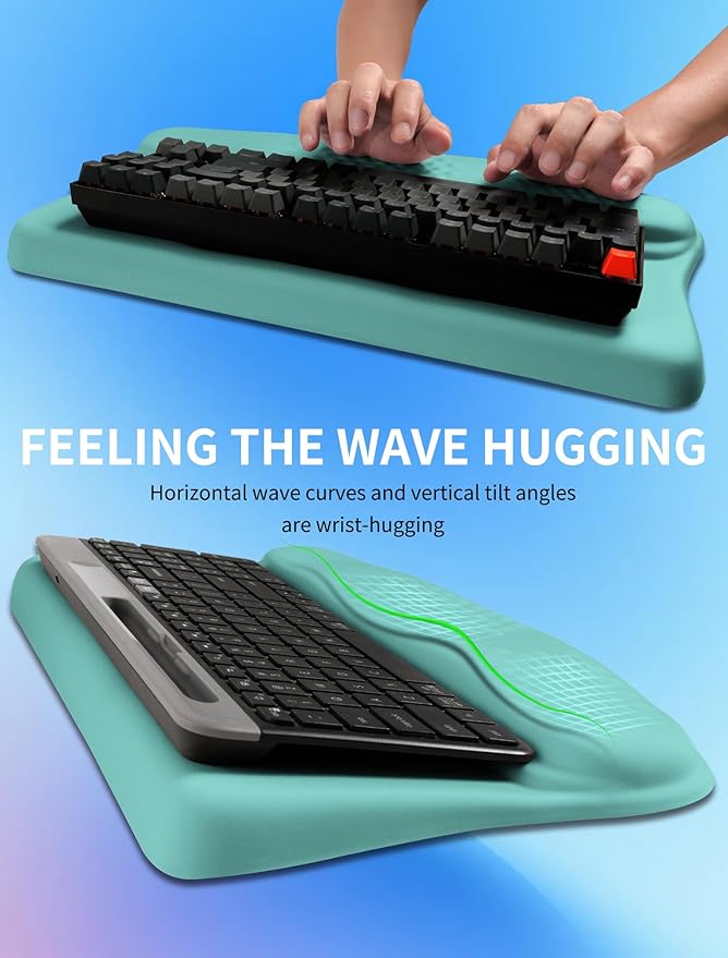 KUOSGM Ergonomic Wave Wrist Rest with Keyboard Stand, Cushioned Palm Rest, Comfortable Integrated Memory Foam for Natural Typing and Relieve Wrist Pain, Baby Blue