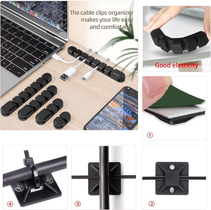 189PCS Cable Management Kit, 6 Cable Sleeve40 Cable Clips with 11Cord Holders, 2 Roll Self Tie, 10 Self Adhesive Cord Organizer, 100 Fastening Cable Ties,10 Cable Zip Tie Mounts