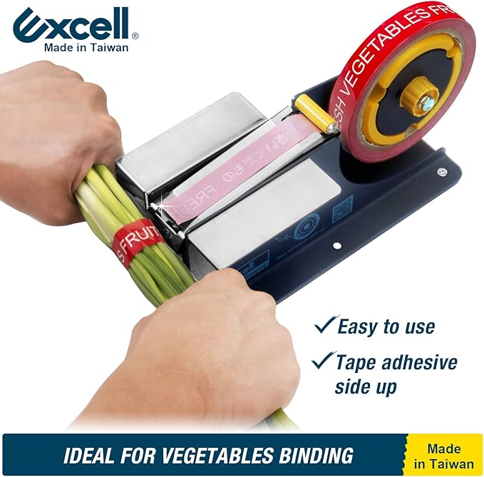 Excell ET-63521 TriCore Vegetable Wrappers Tape Dispenser: Fits 1", 3", and 3.5" cores for Flexible Tape use. Perfect for Packaging Groceries, Fruits, and Candy. Rust-Proof Blade ensures Durability.