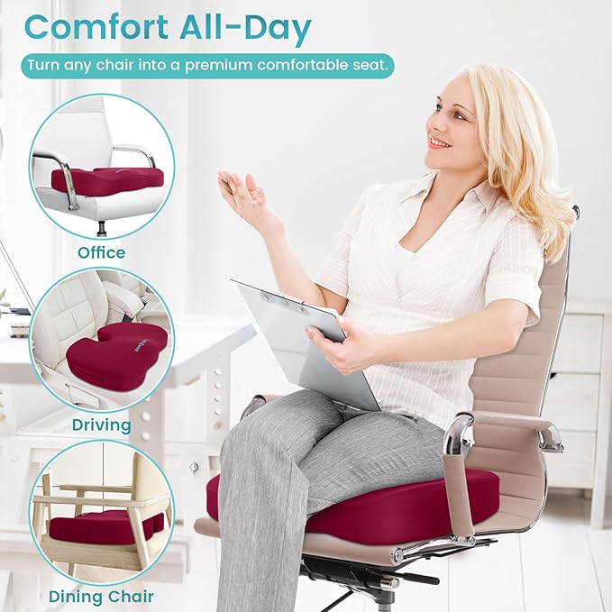 Office Chair Seat Cushion, Cooling Gel Enhanced Memory Foam Cushion for Long Sitting - Back, Sciatica, Coccyx, Tailbone Pain Relief Pillow - for Office, Gaming, Car, Wheelchair - Red, Large