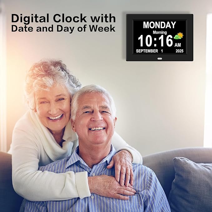 7‘’ Digital Alarm Clock for Elderly Large Display for Seniors Electric Clocks with Date Day of Week 12 Alarms 4 Colors Desk Wall Calendar Clocks for Memory Loss Alzheimers Dementia Auto DST/Dimmer