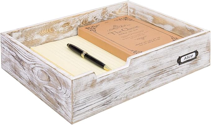 MyGift Rustic White Desktop Letter Tray - Shabby Whitewashed Wood Inbox Holder, Desk Paper File Folder Organizer Box with Metal Label