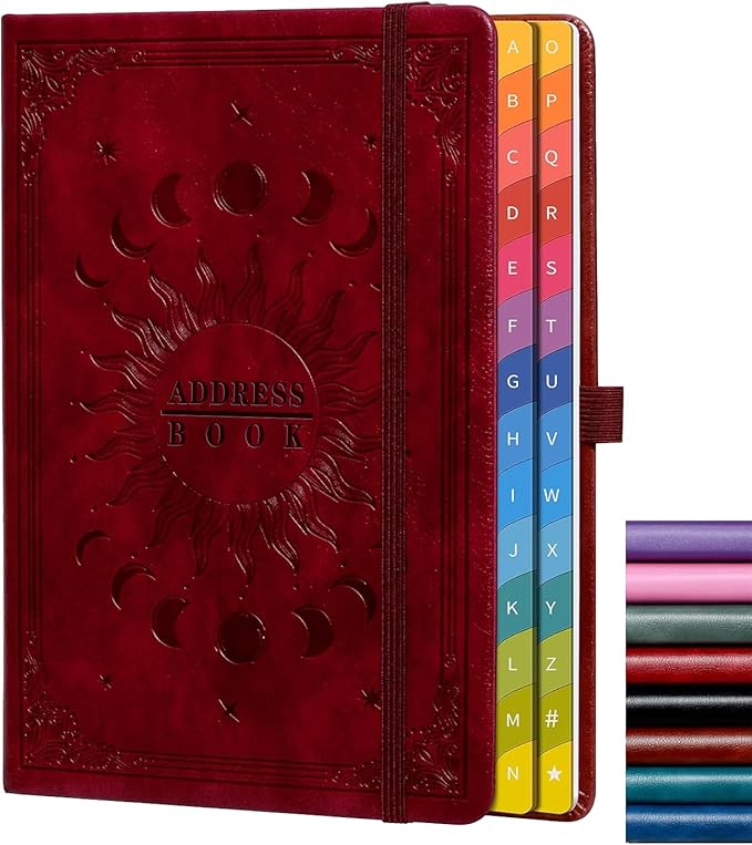 Address Book with Colorful Alphabetical Tabs (8.4" x 5.7") – Hardcover Contact Organizer for Website Passwords, Telephone, Software Licenses, and Important Information – Wine Red