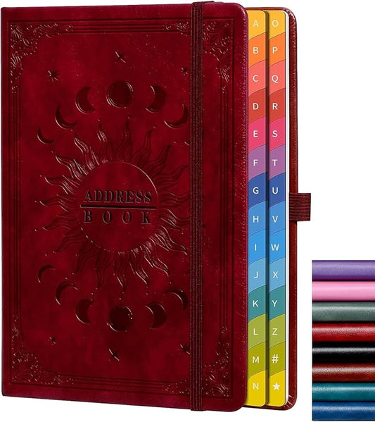 Address Book with Colorful Alphabetical Tabs (8.4" x 5.7") – Hardcover Contact Organizer for Website Passwords, Telephone, Software Licenses, and Important Information – Wine Red