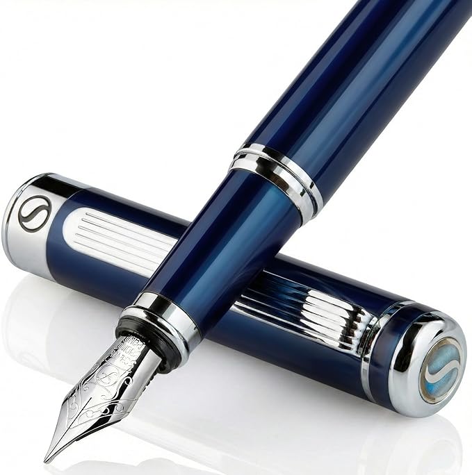Scriveiner Midnight Blue Fountain Pen - Stunning Luxury Pen with Chrome Appointments, Schmidt Nib (Fine), Best Pen Gift Set for Men & Women, Professional, Executive, Office, Nice Pens