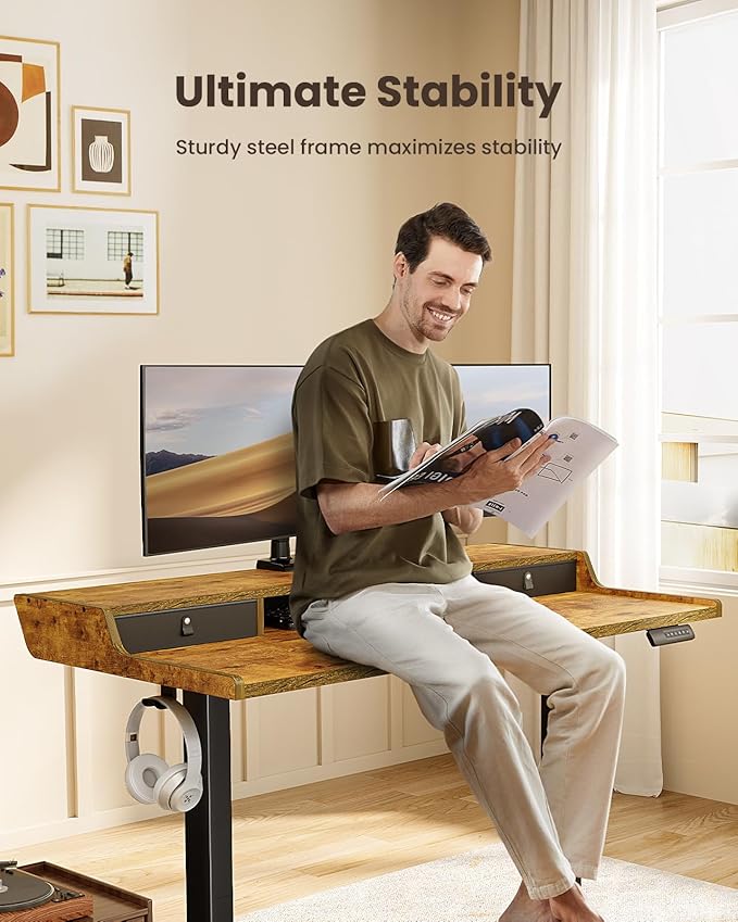 ErGear Electric Standing Desk with Drawers, 55″ x 28″ Gaming Table Compatible Monitor Stand, Stand up Desks, Home Office Height-Adjustable Desk with Storage Shelf, 4 Preset Heights, Vintage Brown
