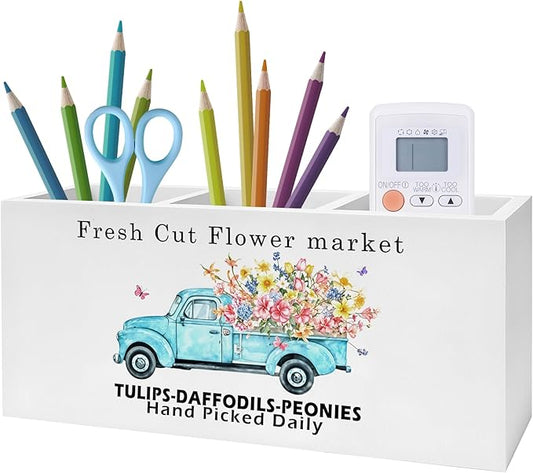 Exqcom Rustic Farmhouse Floral Truck Pen Pencil Holder, Farmhouse Office Decor, Fresh Cut Flower Market Pencil Pen Holder Organizer for Flower Shop Home Office Desk Accessories