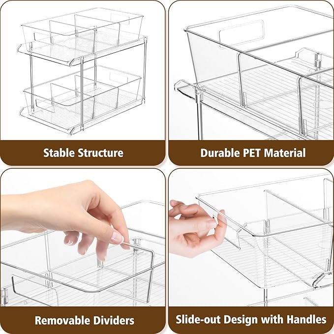 Fabspace Pull-Out Home Organizers, 2 Tier Clear Bathroom Organizer with Dividers, Multipurpose Vanity Counter Tray, Kitchen, Closet Organizers and Storage Container Bins for Cabinet, Pantry