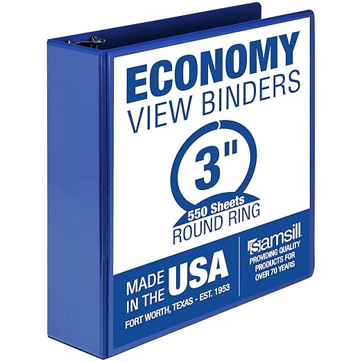 Samsill 3 Inch 3 Ring Binder, Made in USA, Economy Round Ring, Clear View Cover, 550 Sheet Capacity - for School, Home, Office -Dark Blue