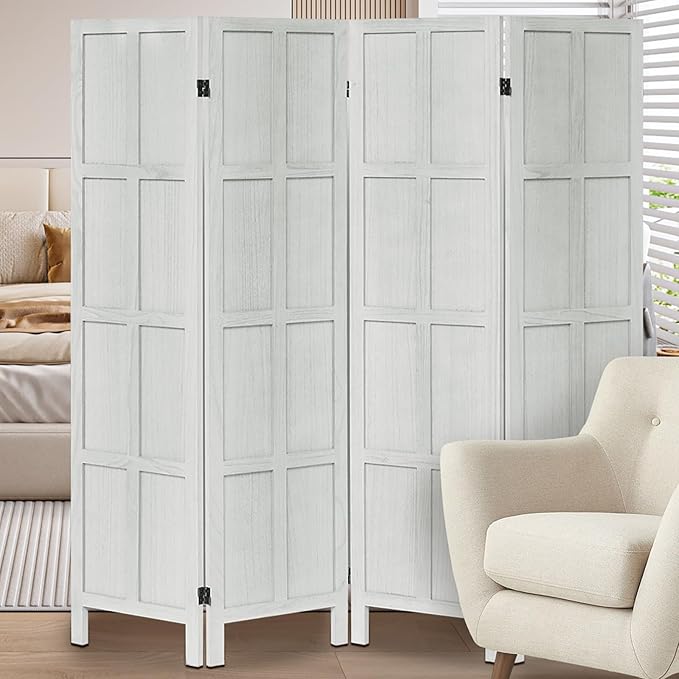 Leesinwing Wood Room Divider 4 Panel Folding Privacy Screen, Classic 5.6Ft Indoor Wooden Partition, Portable Partition Wall Divider for Room Separation, Home, Office, Bedroom, Restaurant (White)