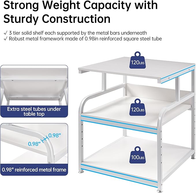 Fannova Printer Stand, 25.6" x 23.6" x 30.9" Extra Large Printer Table with Adjustable Storage Shelf, 3 Tier Rolling Printer Cart with Industrial Wheels for Home Office, White