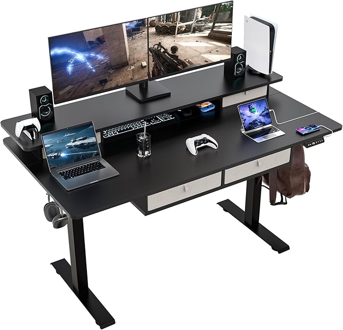 ExaDesk Electric Standing Widened Desk 63 * 30 Inches Adjustable Height with 4 Drawers, Double Storage Shelves Stand Up Desk, Home Office Workstation Sit Stand up Desk (Classical Black)