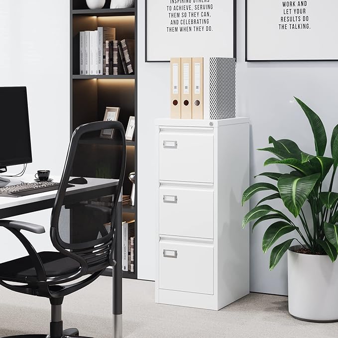 BYNSOE 3 Drawer File Cabinet with Lock Metal Vertical File Storage Cabinet Office Home Steel Vertical File Cabinet for A4 Legal/Letter Size Narrow File Cabinet Locked,Assembly Required