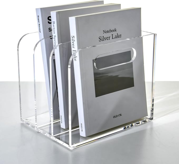 AIMOLLY Clear Acrylic Organizers - 3 Vertical Compartments Acrylic Folder Organizer & File Organizer, Desk Document Storage Bins for Magazines, Binders - Multipurpose Home Office Desk Organizer