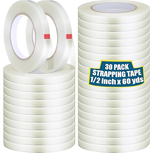 Treela 30 Rolls 1/2 Inch x 60 Yards Filament Strapping Tape 5.5 Mil Transparent Reinforced Fiberglass Heavy Duty Packing Shipping Tape for Sealing Binding Fixing