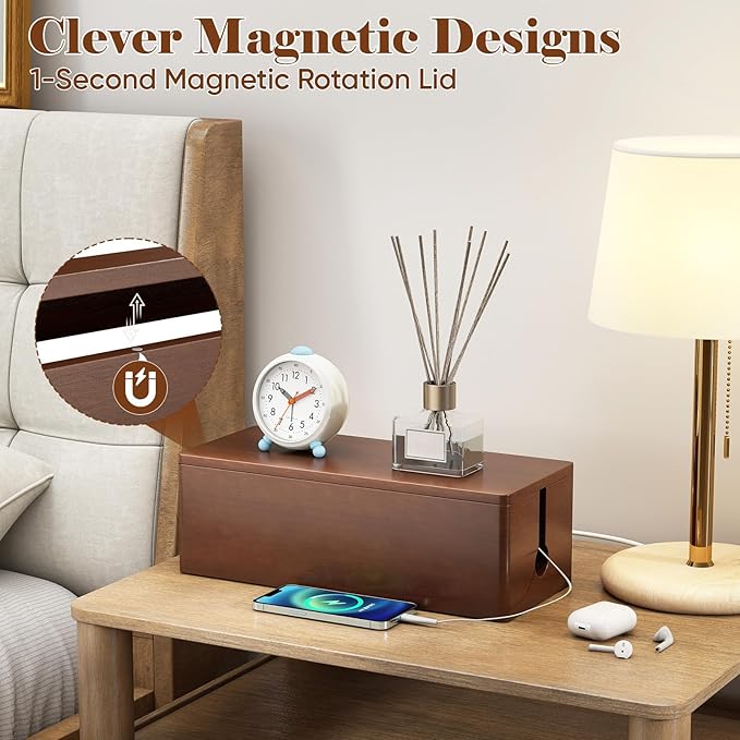 Delamu Wood Cable Management Box with Magnetic Lid, Duty Desk Charging Cord Organizer Cord Box Hider with Ventilation for Desk, Floor, Home Office, Power Strip Cover Box Baby Proof