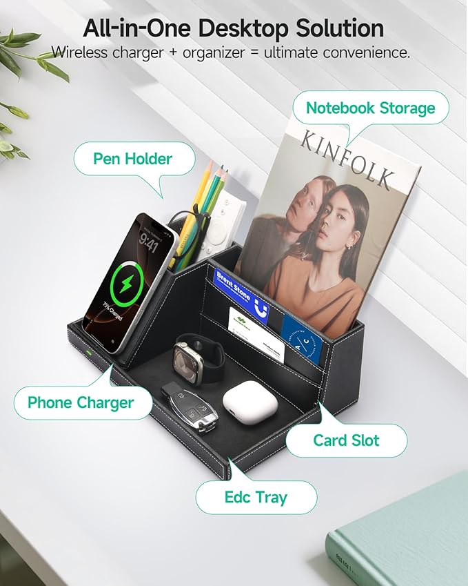 Valet Tray, Built in Wireless Charging Pad, Nightstand Organizer, Dresser Organizer, Mens Jewelry Box, Valet Charging Station, Faux Leather Valet Tray for Men and Women (Black+Wireless)