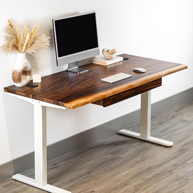 Standing Desk with Drawer – Walnut Solid Wood Desk, Natural Live Edge, Adjustable Height Dual Motor, Sit Stand for Home Office (White, W48 x D27)