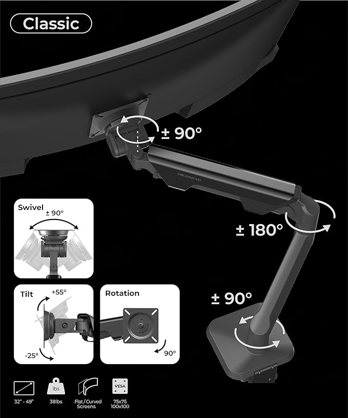Modernsolid Heavy Duty Monitor Arm Desk Mount for 34-49 Inch Ultrawide Curved Monitors, Supports 14-38 lbs, Gas Spring Ergonomic Full Motion with Cable Management, Red Dot Design Awarded, Black