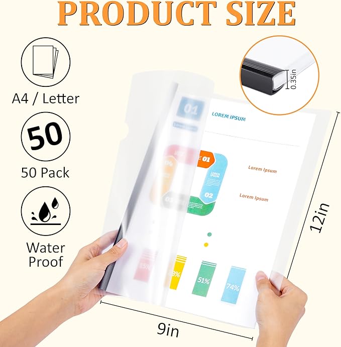 50 Pack Report Covers with Sliding Bar - Clear Plastic Presentation Folders for A4 & Letter Size Paper, 70 Sheet Capacity File Document Binder for School, Office, Resume & Business Use