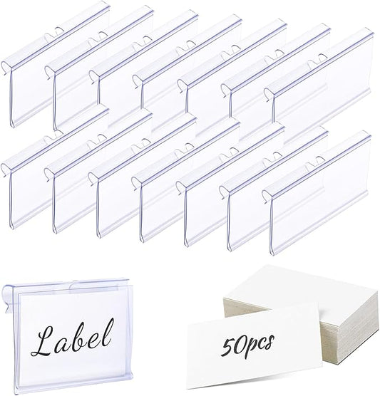 Meetory 50 Pcs Plastic Wire Shelf Label Holders, 3" x 1.65" Clear Price Tag Holder with Double Snap Lock Closure - Reusable Plastic Basket Label Holders for Market, Retail Shop, Pantry, Label Papers