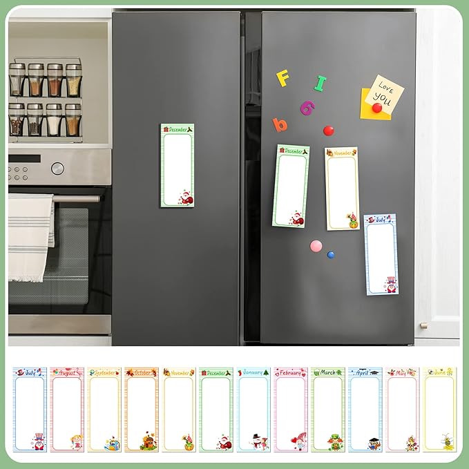 Gersoniel 12 Packs Magnetic Notepads for Refrigerator Monthly Grocery Magnetic List Set to Do List Pads Back Memo Notepad 9 x 3.5 Inches for Fridge Kitchen Shopping Grocery(Pastel Color,Seasonal)