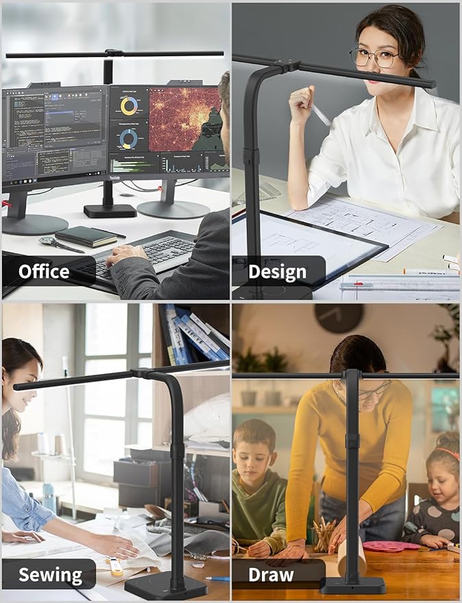 AKRRYR LED Desk Lamp for Home Office, Double Head 24W with Base, Architect Light 5 Lighting Brightness Flexible Gooseneck Table Reading Study, Black