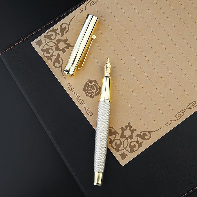 GC QUILL Fancy Fountain Pen Set – Fine and Medium Nibs, 18 Ink Cartridges, Ink Converter, Syringe Filler, Luxury Pen Gift for Men Women, Nice Pen for Writing Journaling (Gold)