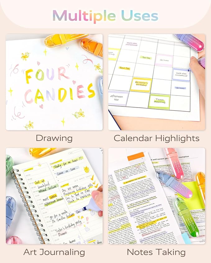 Four Candies 12 Pcs Highlighters Assorted Colors, Cute Pastel Highlighter Set, Dry Quickly, Soft Chisel Tip, No Bleed Highlighter, Aesthetic Highlighters fo Purple Christmas Gifts