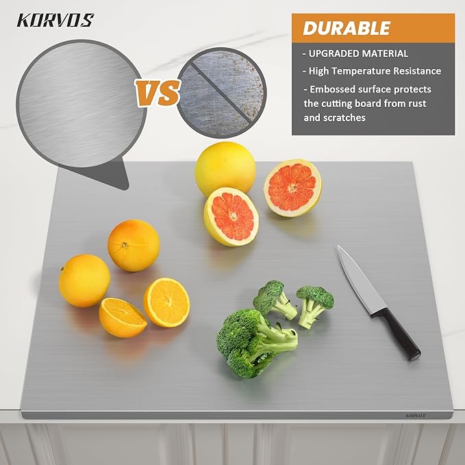 KORVOS Stainless Steel Cutting Board, 15.7" x 11.8" Double-Sided Cutting Boards for Kitchen, Metal Chopping Board with Lip&Non-Slip Mat, Easy to Clean, Suitable for Meat Fruits & Baking