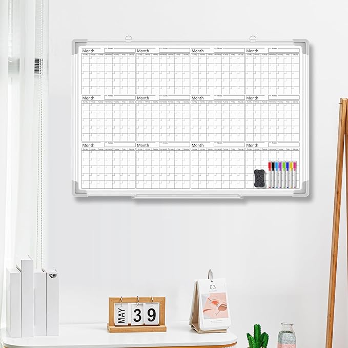Lincia 36" x 24" Magnetic Horizontal Yearly 12 Month Dry Erase Calendar for Wall 2026 Undated Dry Erase Wall Calendar Planner Aluminum Frame Whiteboard for Home Office Projects Fridge