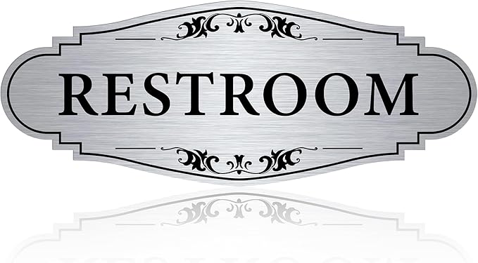 Restroom Sign Sticker for Business & Home, Self-Adhesive Brushed Silver Elegant Bathroom Signs for Door, Durable & Waterproof Unisex Restroom Signage for House Toilet, Office, Store, Shop
